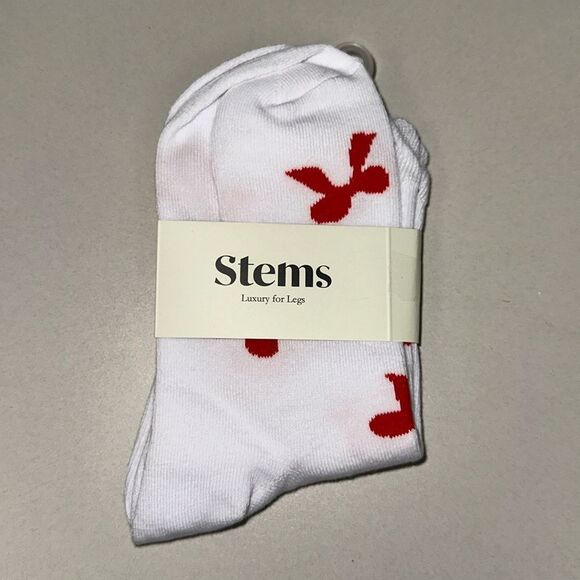 Stems 1 Pair White Red Bowtie Print Cotton Blend Stretch Knit Luxury Socks - Picture 1 of 4